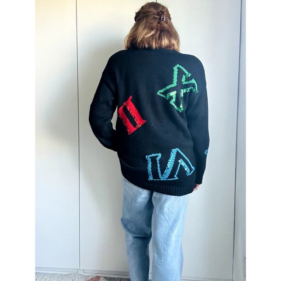 Vintage 90s Sweater Chaus Sport Size   Black Sequin Roman Numerals Unique - Picture 8 of 9